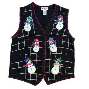 OBI Woman VTG Wool Blend Ugly Snowman Christmas Sweater Vest Black Size 1X Plus